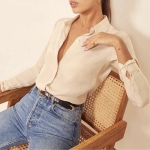 Reformation Womens Size XL Silk Almond Cream Button Down Blouse